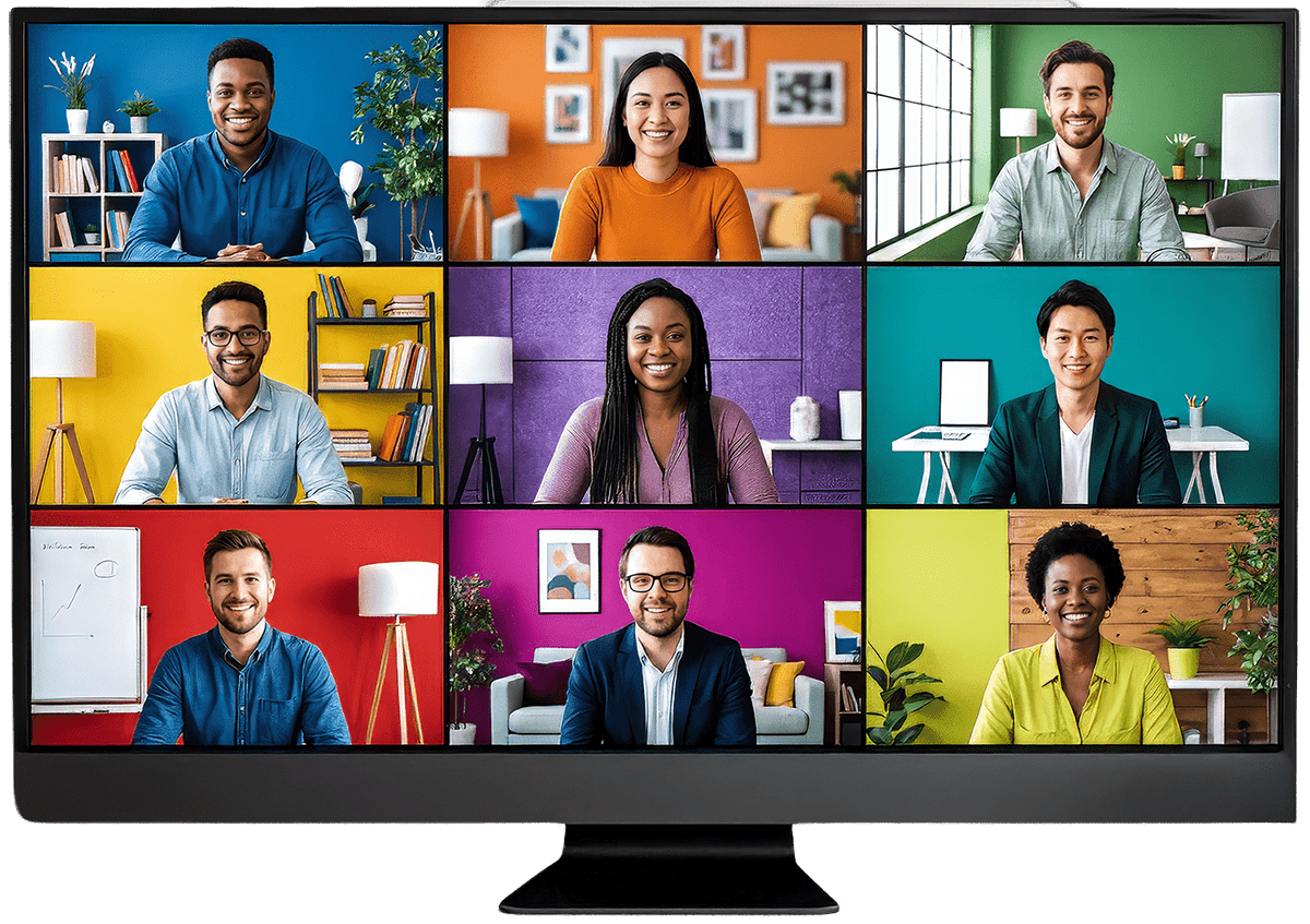Desktop Monitor with Nine People on Video Call